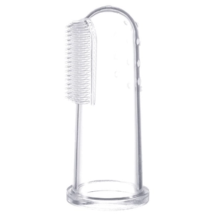 Clear silicone finger toothbrush for pets and babies featuring soft bristles and textured nubs