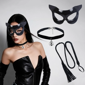 Cat Ear Mask Choker With Bell Woven Whip PU Leather Halloween Cosplay Masquerade Party Accessories Sexy Gothic