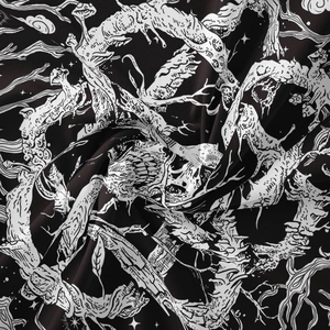Detailed close-up of gothic skull tapestry showing mystic tree and mushroom patterns