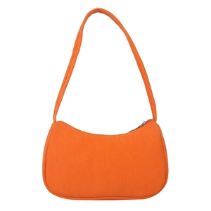 Minimalist orange corduroy baguette shoulder bag with zipper closure and sleek design
