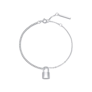 Luxurious S925 sterling silver chain bracelet with pavé crystals and lock pendant