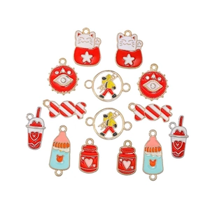 Flat lay of red enamel alloy charms with lucky cat and devil eye for DIY jewelry making