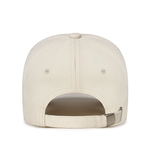 Back view of beige cotton baseball cap with adjustable metal buckle and embroidery