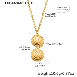 Detail view of gold stainless steel twisted pendant necklace with specific size and weight info