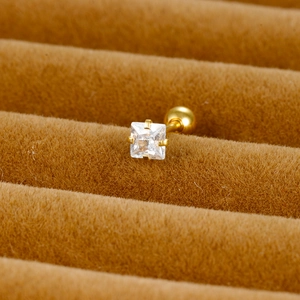 Minimalist gold square zircon ear stud with solid screw ball backing on velvet tray