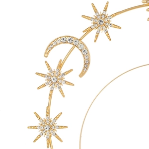 Golden sun goddess headband with crystal stars and moon in double layered baroque style