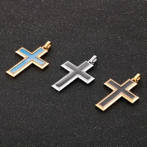 Men's titanium steel cross pendants with resin inlay in gold and silver finishes