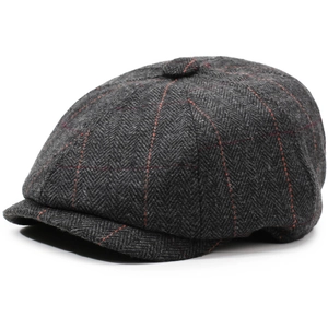 Dark grey newsboy cap with red plaid pattern in breathable cotton linen fabric