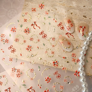 New Chinese cinnabar red floral nail stickers with gold vines and bow designs