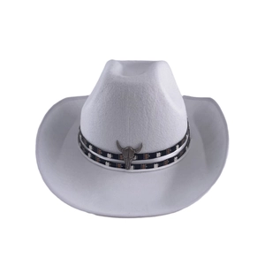 Detail view of a white LED cowboy hat featuring metal bull skull and double light strips