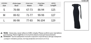 Guide des tailles pour robe noire à épaules dénudées avec mesures S, M, L en centimètres