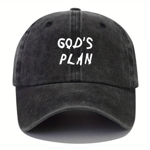 Classic washed denim baseball cap in charcoal gray featuring God's Plan white script printing