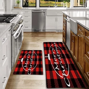 Christmas buffalo plaid kitchen floor mats set of 2 with Merry Christmas festive text