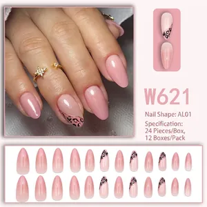 Pink gradient press-on nails with leopard patterns in long oval shape, 24-piece set W621