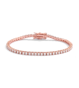 Close-up of rose gold tennis bracelet featuring sparkling round-cut white moissanite stones
