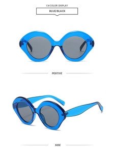 Detailed front and side views of blue oval sunglasses with thick frames and dark lenses