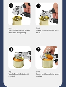 Step-by-step instructions showing how to use the manual 3-in-1 can opener for kitchen