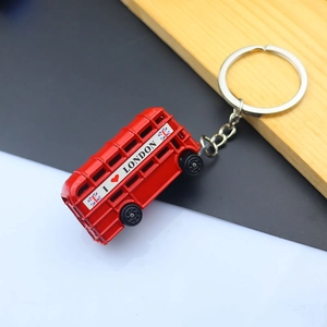 Close-up of red London double-decker bus keychain with Union Jack and I Love London design