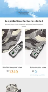 Detail showing UV test on camouflage sun hat with 99% ultraviolet blocking rate