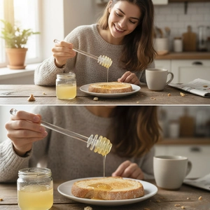 Gros plan d'une cuillère à miel en verre versant du miel doré sur un toast croustillant