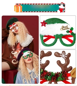 Detail view of festive Christmas glasses featuring sequins, plush balls, and glitter reindeer antlers