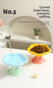Ceramic elevated cat bowl with flower-shaped rim and curved bottom to prevent splashing