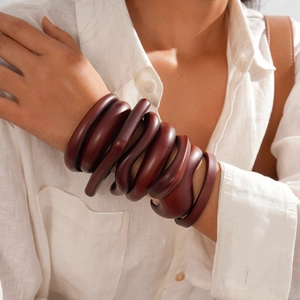 Vintage retro acrylic irregular geometric open bangle in dark reddish brown wood finish