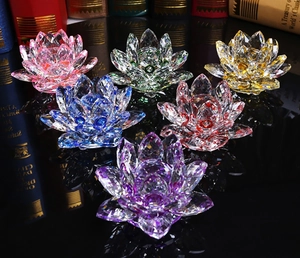 Set of six colorful faceted crystal lotus flowers in pink green yellow blue red and purple