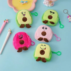 Detail of plush avocado coin purses in multiple colors with plastic hooks and keychains