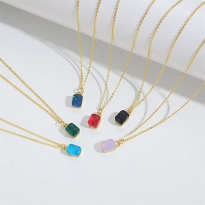 Minimalist square zircon pendant necklaces in six colors with gold plated chains