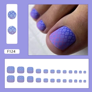 Matte purple gradient press-on toenails with blue Moroccan pattern, 24 piece set