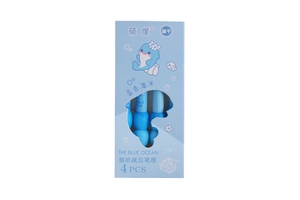 Detail of blue ocean theme pen box with 4 soft grip retractable pens and dolphin prints