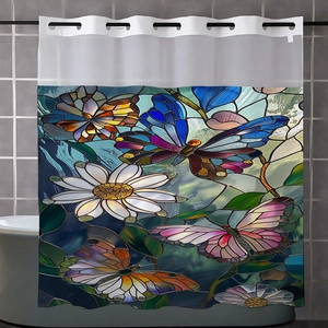 Detail of waterproof shower curtain with butterfly and daisy stained glass art pattern