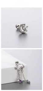 Detail of moon cartilage stud and cloud tassel earring with lavender zircon stones