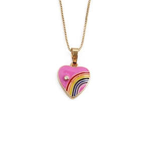 Gold box chain necklace with a pink enamel heart pendant featuring rainbow stripes and zircon