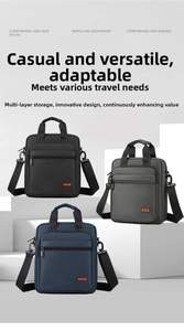 Vertical business crossbody bags in black, grey, and navy with multi-layer zipper pockets