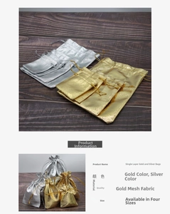 Detail view of gold and silver drawstring jewelry pouches in four versatile sizes