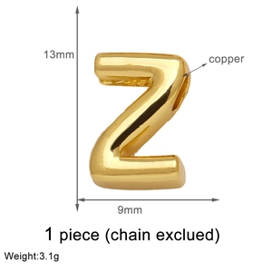 Detail view of 18k gold plated copper letter Z pendant with 13mm size specifications