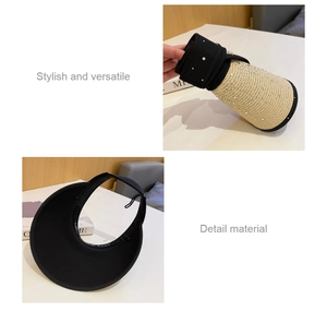 Close-up of foldable straw sun visor with rhinestones and stylish black gold weaving