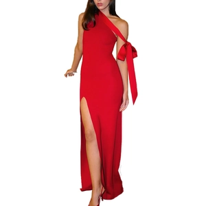 Robe de soirée rouge élégante à une épaule avec grand nœud et fente haute sexy