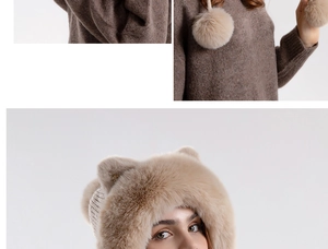 Detail of cute cat ear knit hat with faux fur trim and decorative pom poms in brown