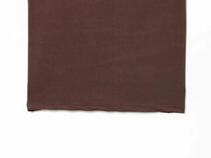 Detail of the double-needle hem stitching on the brown draped midi dress fabric