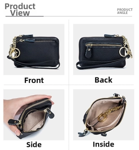 Detailed views of black pebbled leather mini wallet with gold zipper and wrist strap