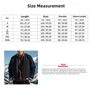 Detailed size chart for men's varsity jacket showing measurements in CM and INCH from S to 3XL