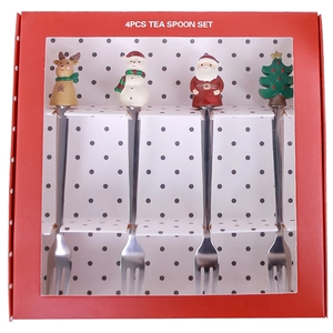 4-piece Christmas 304 stainless steel dessert fork set with Santa and reindeer motifs