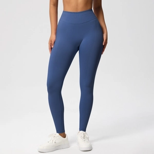 High-waisted navy blue seamless yoga leggings for women with peach butt lifting design