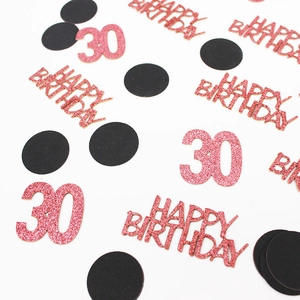 Pink glitter Happy Birthday and number 30 confetti with black dots for table decoration