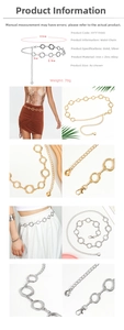 Detail view of golden metal circle waist chain with lobster clasp and adjustable length