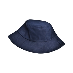 Detailed close-up of dark blue cotton bucket hat with multi-row reinforced stitching