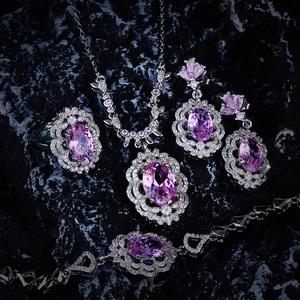 Luxury Pink Rhinestone Copper Jewelry Collection For Women Vintage Palace Style Oval Halo Necklace Earrings Open Ring Bracelet Accessory